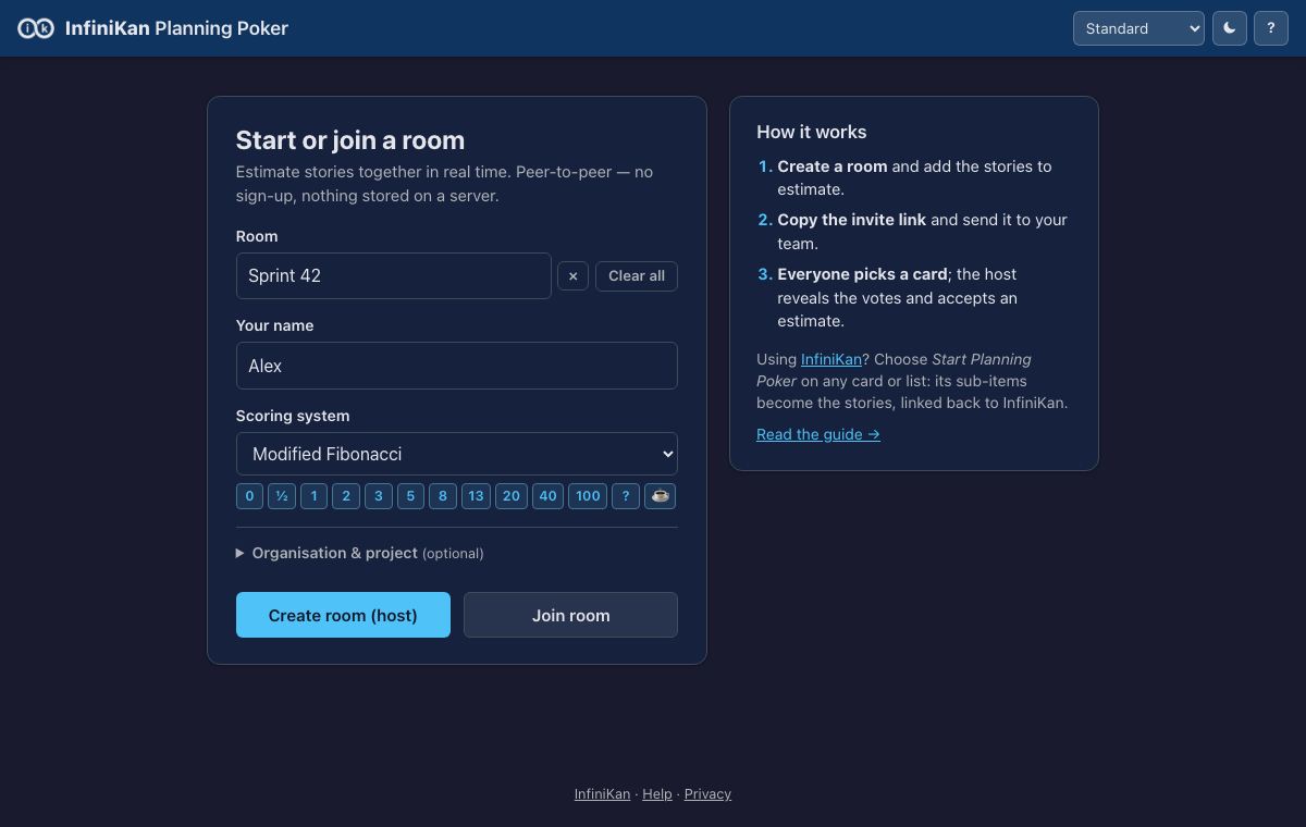 The Planning Poker start page: room name, your name and scoring system, with Create room and Join room