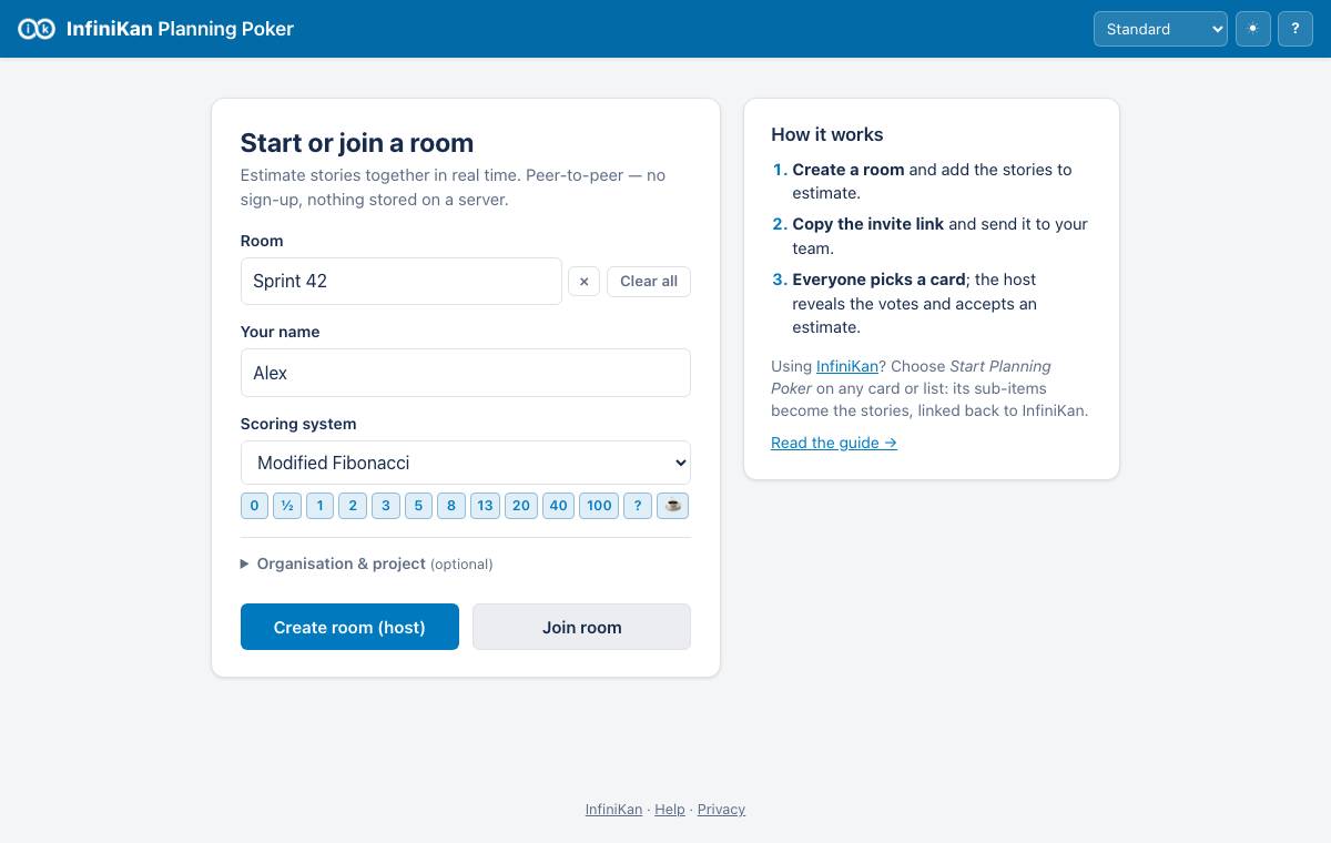 The Planning Poker start page: room name, your name and scoring system, with Create room and Join room